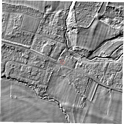 Shaded relief map of the ground around SL46JW, computed from Environment Agency LiDAR. The ground here sits at about 20 m above sea level and falls 4 m across the surrounding 800 m. Surface water reaching this point runs off ground lying to the west, 1.2 m higher.