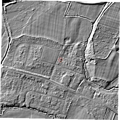 Shaded relief map of the ground around SL46JX, computed from Environment Agency LiDAR. The ground here sits at about 21 m above sea level and falls 6 m across the surrounding 800 m. The ground contributing surface water to this point lies to the south.