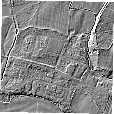 Shaded relief map of the ground around SL46JY, computed from Environment Agency LiDAR. The ground here sits at about 21 m above sea level and falls 4 m across the surrounding 800 m. Surface water reaching this point runs off ground lying to the west, 2.0 m higher.