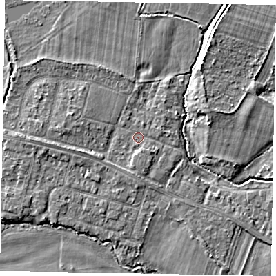 Shaded relief map of the ground around SL46JZ, computed from Environment Agency LiDAR. The ground here sits at about 20 m above sea level and falls 4 m across the surrounding 800 m. Surface water reaching this point runs off ground lying to the west, 2.0 m higher.