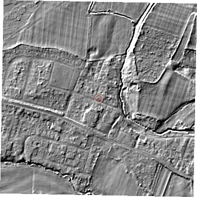 Shaded relief map of the ground around SL46LA, computed from Environment Agency LiDAR. The ground here sits at about 21 m above sea level and falls 4 m across the surrounding 800 m. Surface water reaching this point runs off ground lying to the west, 2.0 m higher.