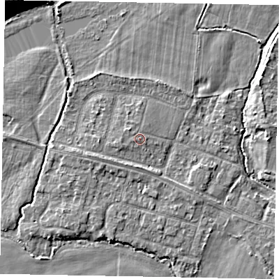 Shaded relief map of the ground around SL46LB, computed from Environment Agency LiDAR. The ground here sits at about 22 m above sea level and falls 7 m across the surrounding 800 m. The ground contributing surface water to this point lies to the east-north-east.