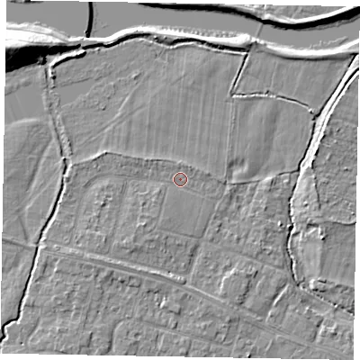 Shaded relief map of the ground around SL46LD, computed from Environment Agency LiDAR. The ground here sits at about 21 m above sea level and falls 10 m across the surrounding 800 m. Surface water reaching this point runs off ground lying to the south-west, 1.4 m higher.