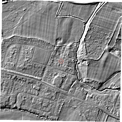 Shaded relief map of the ground around SL46LE, computed from Environment Agency LiDAR. The ground here sits at about 21 m above sea level and falls 4 m across the surrounding 800 m. Surface water reaching this point runs off ground lying to the south-east, 0.9 m higher.
