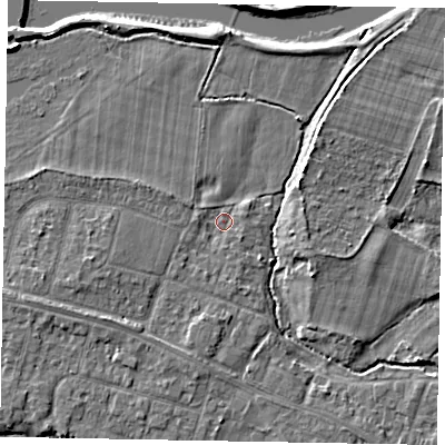 Shaded relief map of the ground around SL46LF, computed from Environment Agency LiDAR. The ground here sits at about 20 m above sea level and falls 4 m across the surrounding 800 m. Surface water reaching this point runs off ground lying to the south, 1.1 m higher.