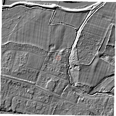Shaded relief map of the ground around SL46LG, computed from Environment Agency LiDAR. The ground here sits at about 21 m above sea level and falls 4 m across the surrounding 800 m. Surface water reaching this point runs off ground lying to the south-east, 0.9 m higher.