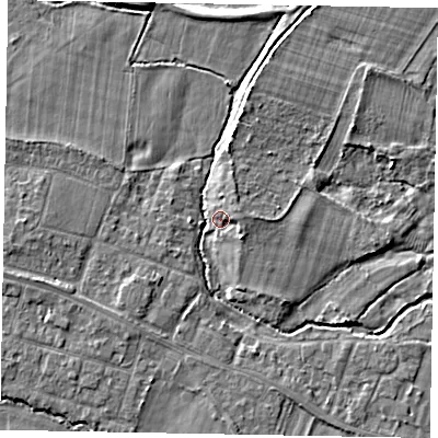 Shaded relief map of the ground around SL46LH, computed from Environment Agency LiDAR. The ground here sits at about 21 m above sea level and falls 4 m across the surrounding 800 m. Surface water reaching this point runs off ground lying to the north, 3.3 m higher.