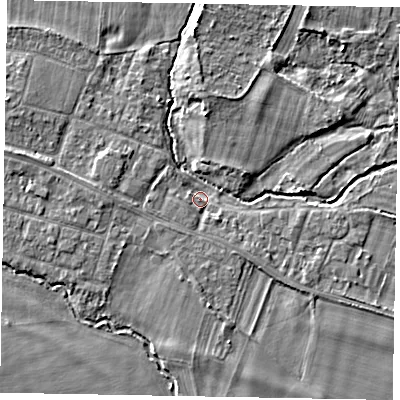 Shaded relief map of the ground around SL46LJ, computed from Environment Agency LiDAR. The ground here sits at about 20 m above sea level and falls 4 m across the surrounding 800 m. Surface water reaching this point runs off ground lying to the west, 2.0 m higher.