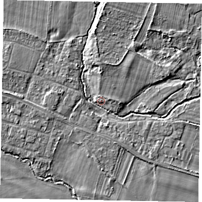 Shaded relief map of the ground around SL46LL, computed from Environment Agency LiDAR. The ground here sits at about 21 m above sea level and falls 4 m across the surrounding 800 m. Surface water reaching this point runs off ground lying to the north, 3.6 m higher.