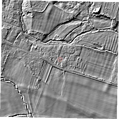 Shaded relief map of the ground around SL46LN, computed from Environment Agency LiDAR. The ground here sits at about 20 m above sea level and falls 7 m across the surrounding 800 m. Surface water reaching this point runs off ground lying to the south-south-east, 1.0 m higher.