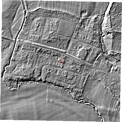 Shaded relief map of the ground around SL46LP, computed from Environment Agency LiDAR. The ground here sits at about 21 m above sea level and falls 4 m across the surrounding 800 m. Surface water reaching this point runs off ground lying to the north-west, 1.0 m higher.
