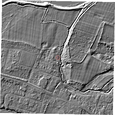 Shaded relief map of the ground around SL46LQ, computed from Environment Agency LiDAR. The ground here sits at about 20 m above sea level and falls 4 m across the surrounding 800 m. Surface water reaching this point runs off ground lying to the north-north-east, 3.3 m higher.