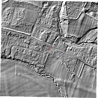 Shaded relief map of the ground around SL46LT, computed from Environment Agency LiDAR. The ground here sits at about 21 m above sea level and falls 4 m across the surrounding 800 m. Surface water reaching this point runs off ground lying to the west-north-west, 1.2 m higher.
