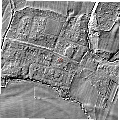 Shaded relief map of the ground around SL46LU, computed from Environment Agency LiDAR. The ground here sits at about 21 m above sea level and falls 4 m across the surrounding 800 m. Surface water reaching this point runs off ground lying to the west-north-west, 1.0 m higher.