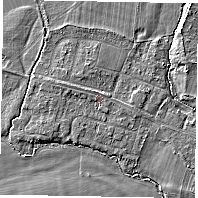 Shaded relief map of the ground around SL46LX, computed from Environment Agency LiDAR. The ground here sits at about 21 m above sea level and falls 4 m across the surrounding 800 m. Surface water reaching this point runs off ground lying to the west-north-west, 1.0 m higher.