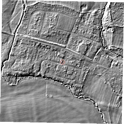 Shaded relief map of the ground around SL46LY, computed from Environment Agency LiDAR. The ground here sits at about 21 m above sea level and falls 4 m across the surrounding 800 m. Surface water reaching this point runs off ground lying to the north, 0.7 m higher.