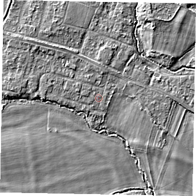 Shaded relief map of the ground around SL46LZ, computed from Environment Agency LiDAR. The ground here sits at about 21 m above sea level and falls 4 m across the surrounding 800 m. Surface water reaching this point runs off ground lying to the west-north-west, 0.6 m higher.