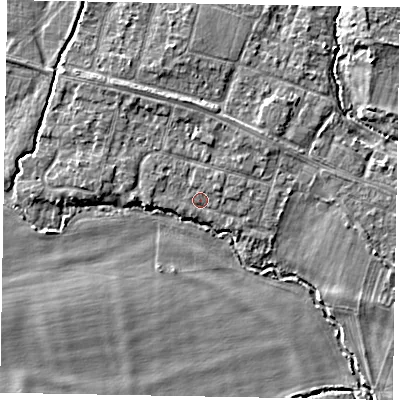 Shaded relief map of the ground around SL46NA, computed from Environment Agency LiDAR. The ground here sits at about 21 m above sea level and falls 4 m across the surrounding 800 m. Surface water reaching this point runs off ground lying to the east-north-east, 1.0 m higher.