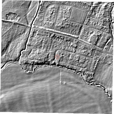 Shaded relief map of the ground around SL46NB, computed from Environment Agency LiDAR. The ground here sits at about 21 m above sea level and falls 3 m across the surrounding 800 m. Surface water reaching this point runs off ground lying to the north, 1.3 m higher.