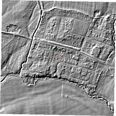 Shaded relief map of the ground around SL46ND, computed from Environment Agency LiDAR. The ground here sits at about 21 m above sea level and falls 3 m across the surrounding 800 m. Surface water reaching this point runs off ground lying to the north-west, 0.8 m higher.