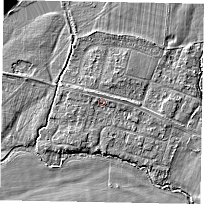 Shaded relief map of the ground around SL46NE, computed from Environment Agency LiDAR. The ground here sits at about 22 m above sea level and falls 6 m across the surrounding 800 m. Surface water reaching this point runs off ground lying to the north-west, 1.2 m higher.