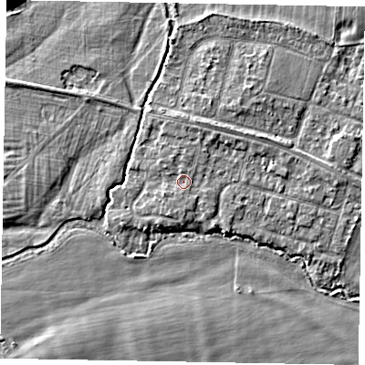 Shaded relief map of the ground around SL46NF, computed from Environment Agency LiDAR. The ground here sits at about 21 m above sea level and falls 4 m across the surrounding 800 m. Surface water reaching this point runs off ground lying to the south-south-west, 0.9 m higher.