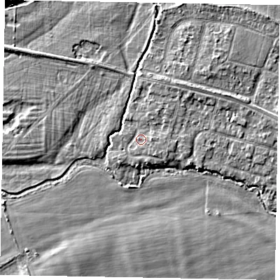 Shaded relief map of the ground around SL46NG, computed from Environment Agency LiDAR. The ground here sits at about 21 m above sea level and falls 3 m across the surrounding 800 m. Surface water reaching this point runs off ground lying to the south-east, 1.2 m higher.