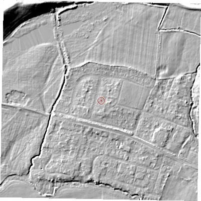 Shaded relief map of the ground around SL46NH, computed from Environment Agency LiDAR. The ground here sits at about 21 m above sea level and falls 12 m across the surrounding 800 m. Surface water reaching this point runs off ground lying to the south-west, 0.9 m higher.
