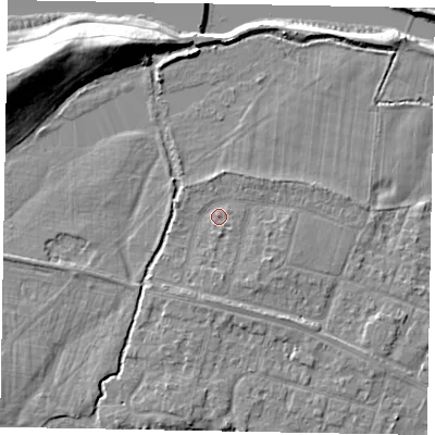 Shaded relief map of the ground around SL46NJ, computed from Environment Agency LiDAR. The ground here sits at about 21 m above sea level and falls 12 m across the surrounding 800 m. Surface water reaching this point runs off ground lying to the south-east, 1.7 m higher.