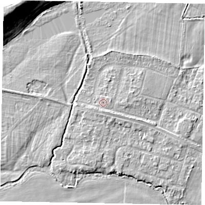 Shaded relief map of the ground around SL46NL, computed from Environment Agency LiDAR. The ground here sits at about 21 m above sea level and falls 11 m across the surrounding 800 m. Surface water reaching this point runs off ground lying to the east-south-east, 0.6 m higher.