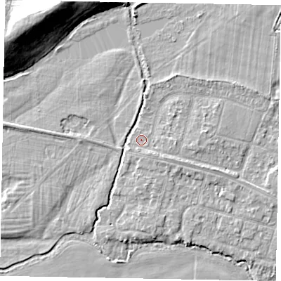 Shaded relief map of the ground around SL46NN, computed from Environment Agency LiDAR. The ground here sits at about 21 m above sea level and falls 12 m across the surrounding 800 m. Surface water reaching this point runs off ground lying to the south-east, 1.2 m higher.