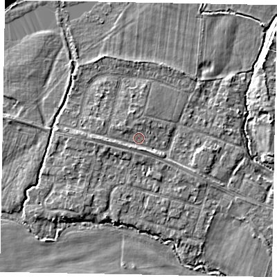 Shaded relief map of the ground around SL46NP, computed from Environment Agency LiDAR. The ground here sits at about 21 m above sea level and falls 4 m across the surrounding 800 m. Surface water reaching this point runs off ground lying to the north-north-west, 1.0 m higher.