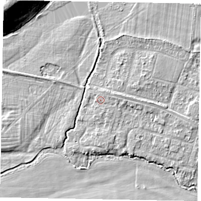 Shaded relief map of the ground around SL46NQ, computed from Environment Agency LiDAR. The ground here sits at about 21 m above sea level and falls 12 m across the surrounding 800 m. Surface water reaching this point runs off ground lying to the east, 0.9 m higher.