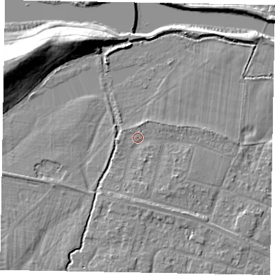 Shaded relief map of the ground around SL46NW, computed from Environment Agency LiDAR. The ground here sits at about 21 m above sea level and falls 12 m across the surrounding 800 m. Surface water reaching this point runs off ground lying to the south-east, 1.7 m higher.