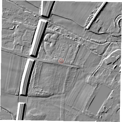 Shaded relief map of the ground around SL46PA, computed from Environment Agency LiDAR. The ground here sits at about 21 m above sea level and falls 9 m across the surrounding 800 m. Surface water reaching this point runs off ground lying to the west, 1.1 m higher.