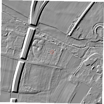 Shaded relief map of the ground around SL46PB, computed from Environment Agency LiDAR. The ground here sits at about 20 m above sea level and falls 9 m across the surrounding 800 m. Surface water reaching this point runs off ground lying to the south-south-west, 2.0 m higher.
