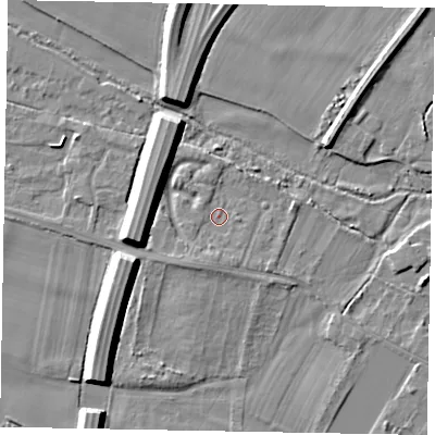 Shaded relief map of the ground around SL46PD, computed from Environment Agency LiDAR. The ground here sits at about 20 m above sea level and falls 9 m across the surrounding 800 m. Surface water reaching this point runs off ground lying to the south-south-west, 2.6 m higher.