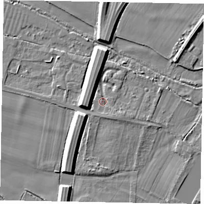 Shaded relief map of the ground around SL46PE, computed from Environment Agency LiDAR. The ground here sits at about 21 m above sea level and falls 9 m across the surrounding 800 m. Surface water reaching this point runs off ground lying to the south-south-east, 2.3 m higher.