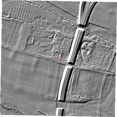 Shaded relief map of the ground around SL46PF, computed from Environment Agency LiDAR. The ground here sits at about 20 m above sea level and falls 9 m across the surrounding 800 m. Surface water reaching this point runs off ground lying to the east, 7.8 m higher.