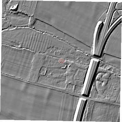 Shaded relief map of the ground around SL46PG, computed from Environment Agency LiDAR. The ground here sits at about 20 m above sea level and falls 9 m across the surrounding 800 m. Surface water reaching this point runs off ground lying to the south-east, 8.4 m higher.