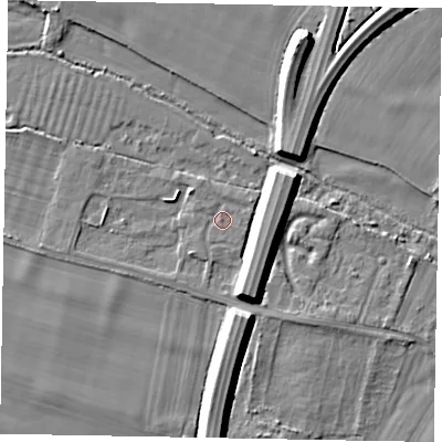Shaded relief map of the ground around SL46PL, computed from Environment Agency LiDAR. The ground here sits at about 20 m above sea level and falls 9 m across the surrounding 800 m. Surface water reaching this point runs off ground lying to the south-south-west, 1.0 m higher.