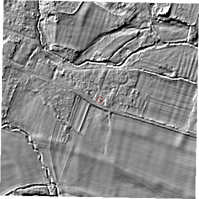 Shaded relief map of the ground around SL46PP, computed from Environment Agency LiDAR. The ground here sits at about 21 m above sea level and falls 8 m across the surrounding 800 m. Surface water reaching this point runs off ground lying to the west, 0.6 m higher.