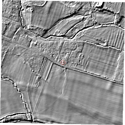 Shaded relief map of the ground around SL46PQ, computed from Environment Agency LiDAR. The ground here sits at about 21 m above sea level and falls 8 m across the surrounding 800 m. Surface water reaching this point runs off ground lying to the south-south-east, 0.8 m higher.