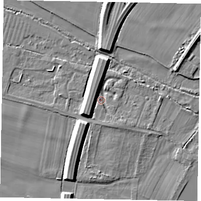 Shaded relief map of the ground around SL46PR, computed from Environment Agency LiDAR. The ground here sits at about 20 m above sea level and falls 9 m across the surrounding 800 m. Surface water reaching this point runs off ground lying to the west, 8.2 m higher.