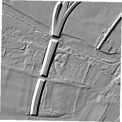 Shaded relief map of the ground around SL46PS, computed from Environment Agency LiDAR. The ground here sits at about 20 m above sea level and falls 9 m across the surrounding 800 m. Surface water reaching this point runs off ground lying to the south, 1.8 m higher.