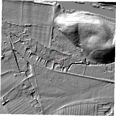 Shaded relief map of the ground around SL46PX, computed from Environment Agency LiDAR. The ground here sits at about 22 m above sea level and falls 12 m across the surrounding 800 m. Surface water reaching this point runs off ground lying to the north-west, 1.8 m higher.