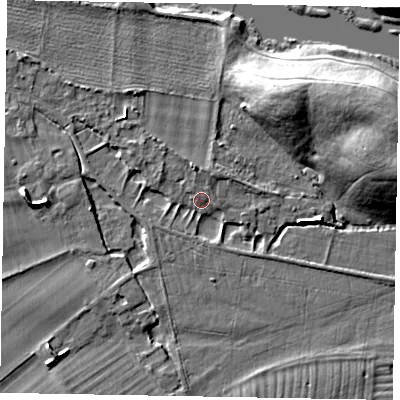 Shaded relief map of the ground around SL46PY, computed from Environment Agency LiDAR. The ground here sits at about 21 m above sea level and falls 12 m across the surrounding 800 m. Surface water reaching this point runs off ground lying to the north, 3.8 m higher.
