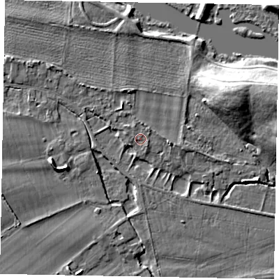 Shaded relief map of the ground around SL46PZ, computed from Environment Agency LiDAR. The ground here sits at about 22 m above sea level and falls 12 m across the surrounding 800 m. Surface water reaching this point runs off ground lying to the north, 1.9 m higher.