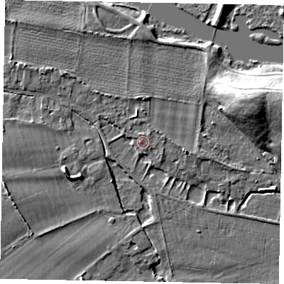 Shaded relief map of the ground around SL46QA, computed from Environment Agency LiDAR. The ground here sits at about 22 m above sea level and falls 12 m across the surrounding 800 m. Surface water reaching this point runs off ground lying to the west-south-west, 5.1 m higher.