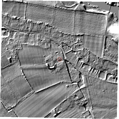 Shaded relief map of the ground around SL46QB, computed from Environment Agency LiDAR. The ground here sits at about 22 m above sea level and falls 11 m across the surrounding 800 m. Surface water reaching this point runs off ground lying to the south-west, 0.9 m higher.